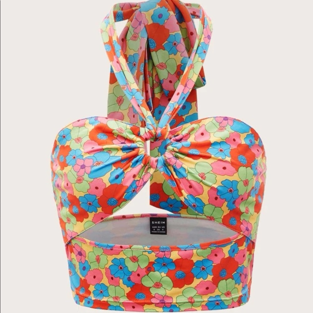 Floral Print Cut Out Tie Backless Halter Top